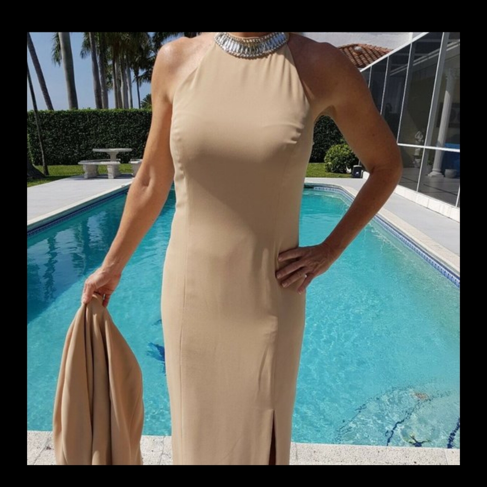 Vintage '80s/90s formal 2 piece halter dress + suit coat Nude beige modern 8/10?